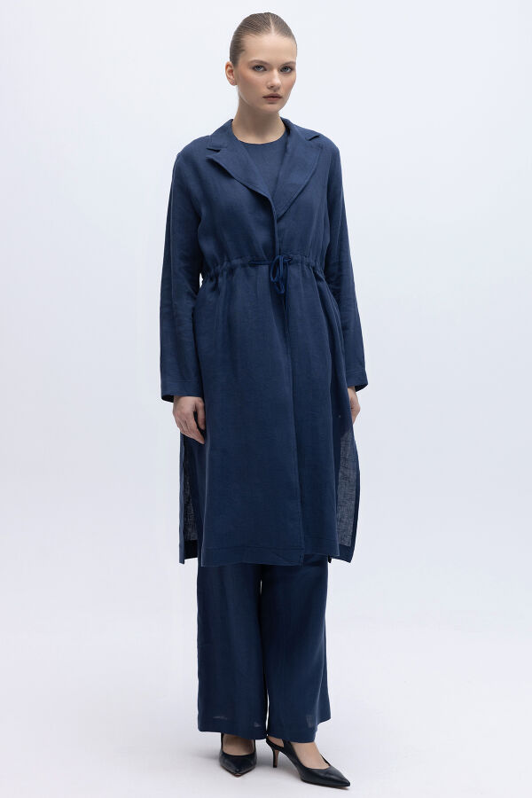 Sırt Detaylı Beli Büzgülü Keten Ceket Navy - 6