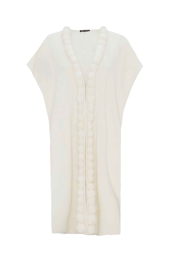 Sleeveless Knit Coat with Fur Pom-Pom Detail Ecru - 2