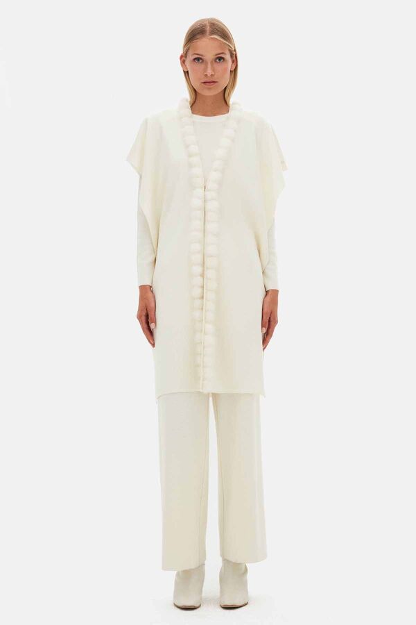 Sleeveless Knit Coat with Fur Pom-Pom Detail Ecru - 1