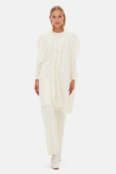 Sleeveless Knit Coat with Fur Pom-Pom Detail Ecru - 3