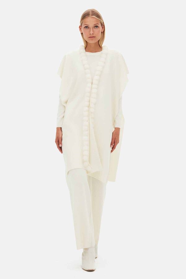 Sleeveless Knit Coat with Fur Pom-Pom Detail Ecru - 3