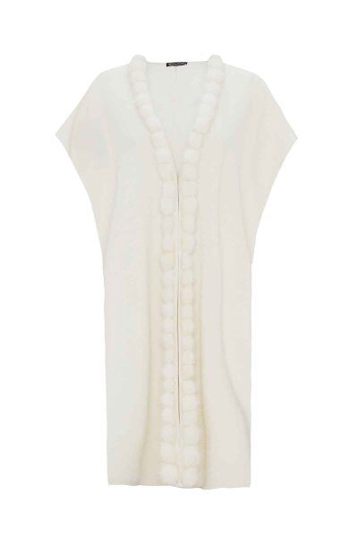 Sleeveless Knit Coat with Fur Pom-Pom Detail Ecru - MISS DALIDA (1)