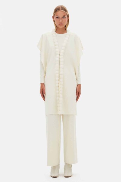 Sleeveless Knit Coat with Fur Pom-Pom Detail Ecru - MISS DALIDA