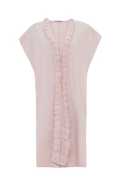 Sleeveless Knit Coat with Fur Pom-Pom Detail Pink 