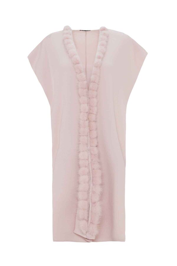 Sleeveless Knit Coat with Fur Pom-Pom Detail Pink - 1