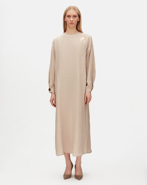 Solid Color Linen Dress with Accessory Detail - 2