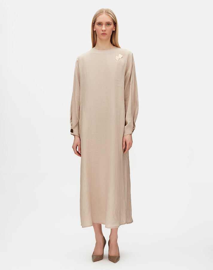 Solid Color Linen Dress with Accessory Detail - 2