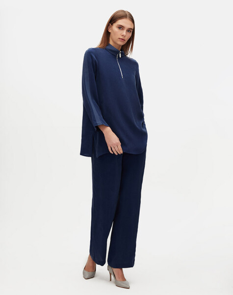 Stand Collar Zippered Long Sleeve Tunic - 5