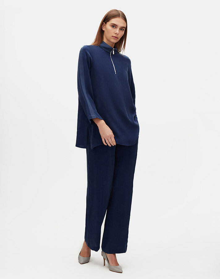 Stand Collar Zippered Long Sleeve Tunic - 5