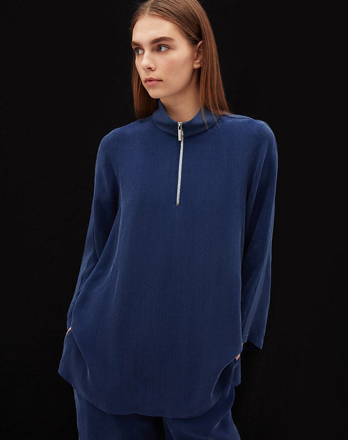 Stand Collar Zippered Long Sleeve Tunic - 6