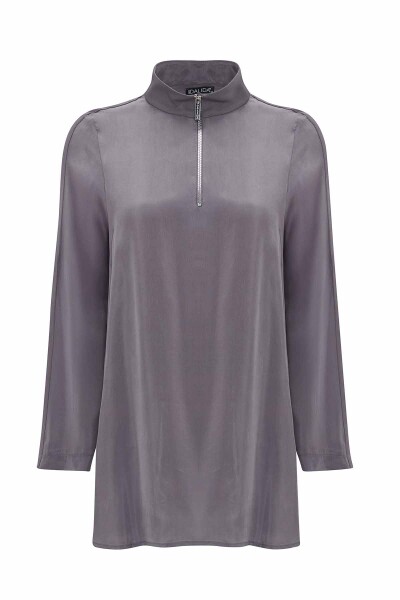 Stand Collar Zippered Long Sleeve Tunic - 7