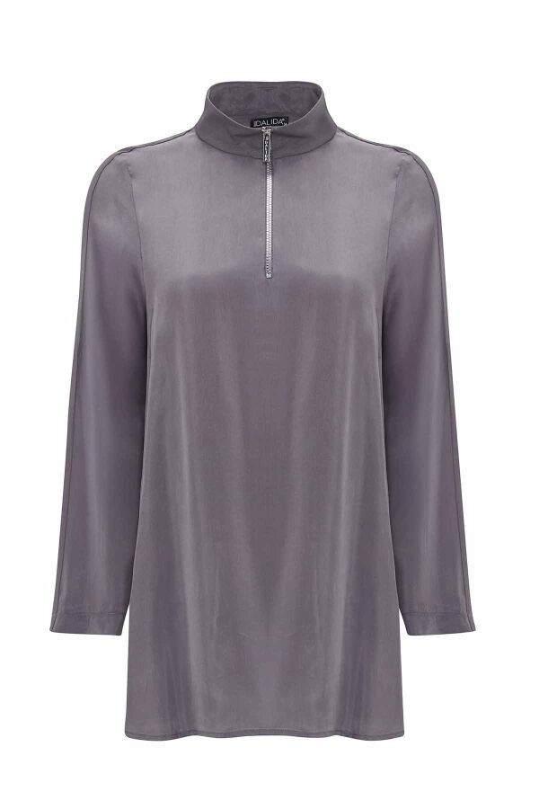 Stand Collar Zippered Long Sleeve Tunic - 7