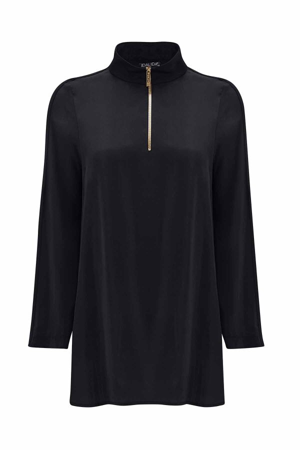 Stand Collar Zippered Long Sleeve Tunic - 10
