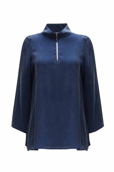 Stand Collar Zippered Long Sleeve Tunic - 1