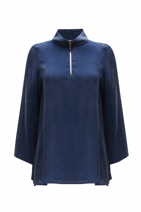 Stand Collar Zippered Long Sleeve Tunic - 1