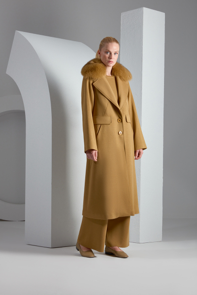 T23K-8007 Kürk Yaka Uzun Triko Manto DACIA-OLİVE - 1