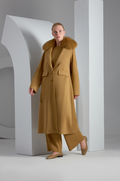 T23K-8007 Kürk Yaka Uzun Triko Manto DACIA-OLİVE - 2