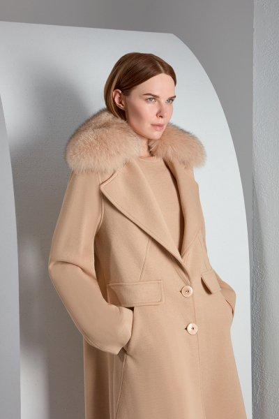 T23K-8007 Kürk Yaka Uzun Triko Manto DIDO-BEİGE - 2