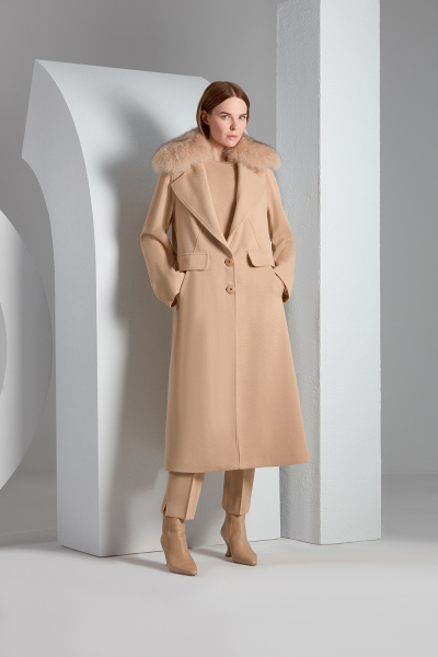 T23K-8007 Kürk Yaka Uzun Triko Manto DIDO-BEİGE - 1