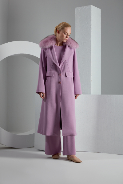T23K-8007 Kürk Yaka Uzun Triko Manto RUPE-LİLAC - 1
