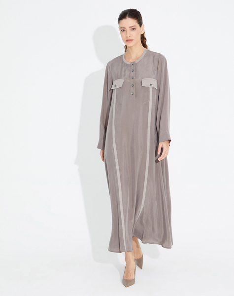 Yakası Taş Düğmeli Uzun Kupra Ta� Elbise - 1