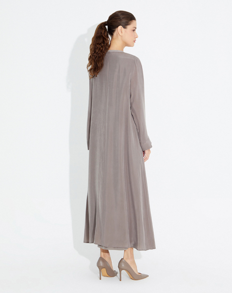 Yakası Taş Düğmeli Uzun Kupra Ta� Elbise - 2