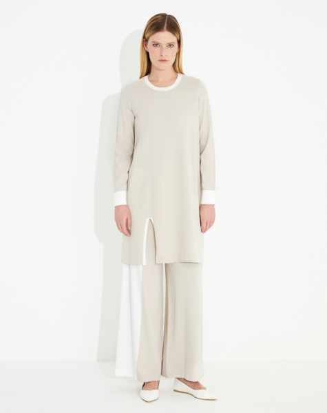 T23Y-7005 Tek Tarafı Renk Bloklu Triko Bol Paça Pantolon 1021-STONE / 1012-ECRU - 1