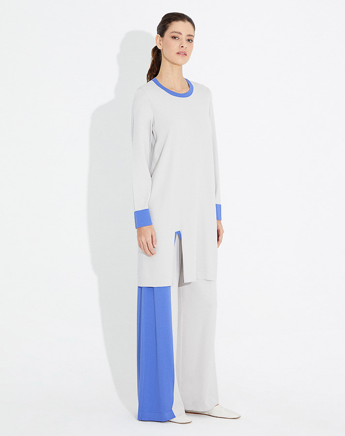 T23Y-7005 Tek Tarafı Renk Bloklu Triko Bol Paça Pantolon - 4