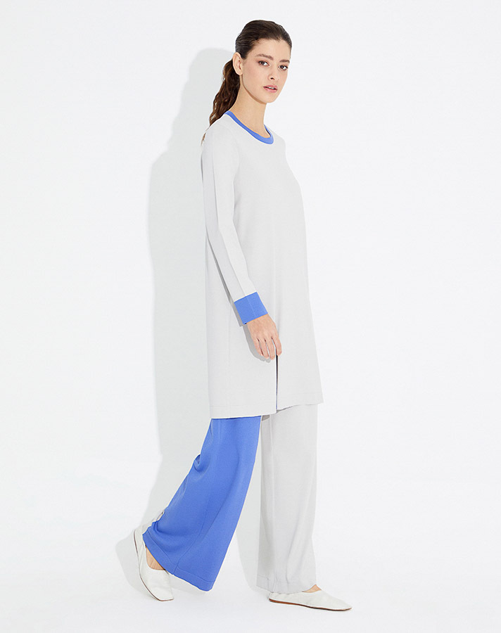 T23Y-7005 Tek Tarafı Renk Bloklu Triko Bol Paça Pantolon - 5