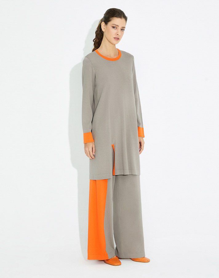 T23Y-7005 Tek Tarafı Renk Bloklu Triko Bol Paça Pantolon - 1