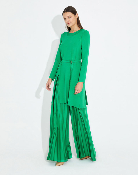 T23Y-7006 Saten Plise Bol Paça Pantolon GREEN - 1