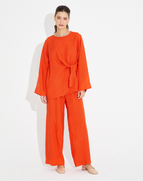 T23Y-7009 Paçası Dikiş Detaylı Bol Keten Pantolon GREY - 18