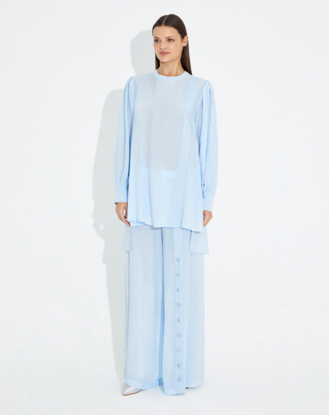 T23Y-7010 Düğme Detaylı Bol Paça Kupra Pantolon BLUE - 1