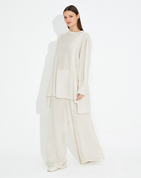 T23Y-7010 Düğme Detaylı Bol Paça Kupra Pantolon STONE 