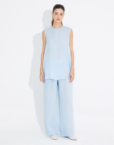 T23Y-7011 Beli Lastikli Bol Paça Keten Pantolon BLUE 