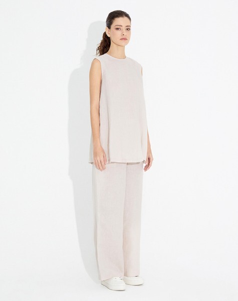 T23Y-7011 Beli Lastikli Bol Paça Keten Pantolon STONE 