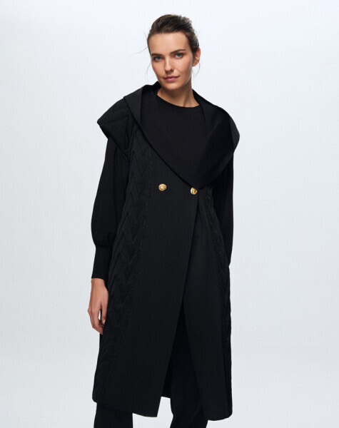 T24K-1001 Kapitone Kapişonlu Yelek BLACK - MISS DALIDA