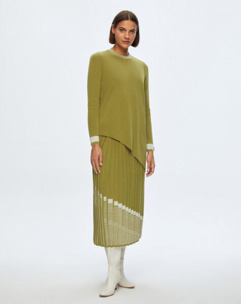 T24K-2001 Asimetrik Desenli Plise Etek FİABA-OLİVE 