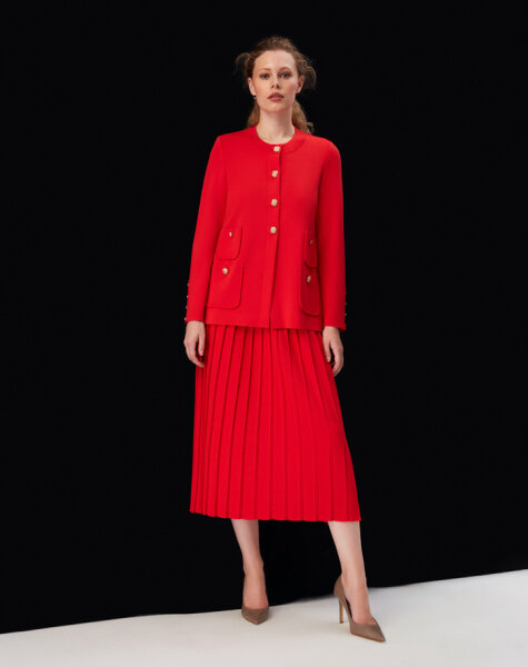 T24K-2011 Düz Renk Plise Etek 1239-RED 