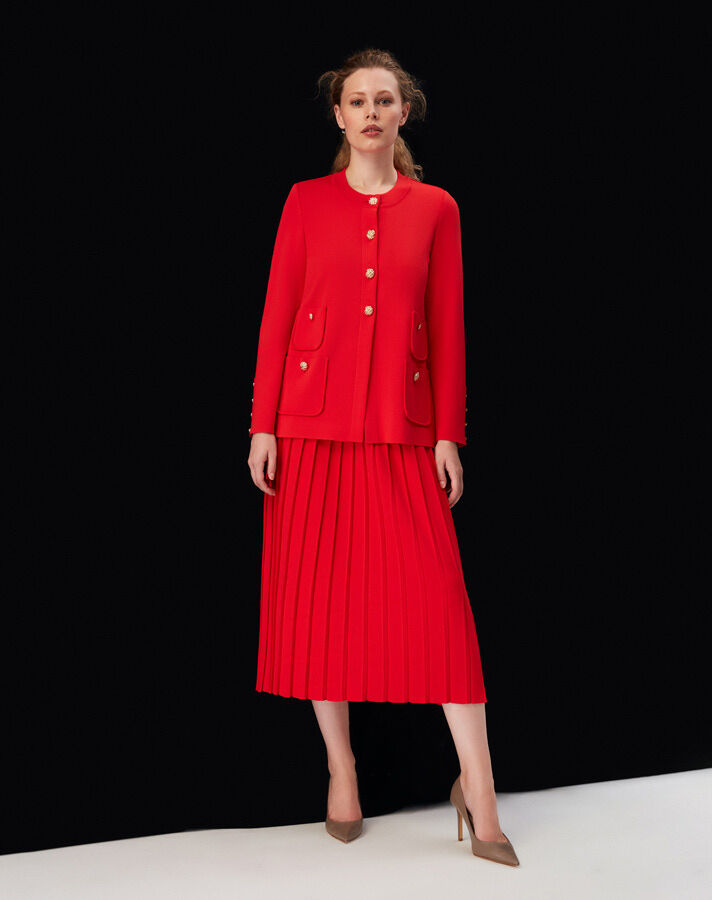 T24K-2011 Düz Renk Plise Etek 1239-RED - 1