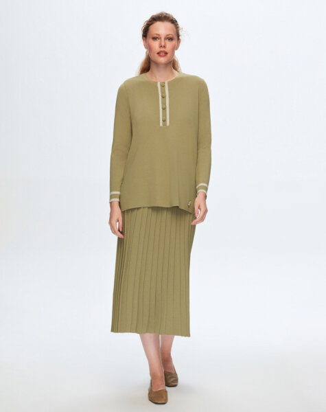 T24K-2011 Düz Renk Plise Etek 1278-OLIVE 