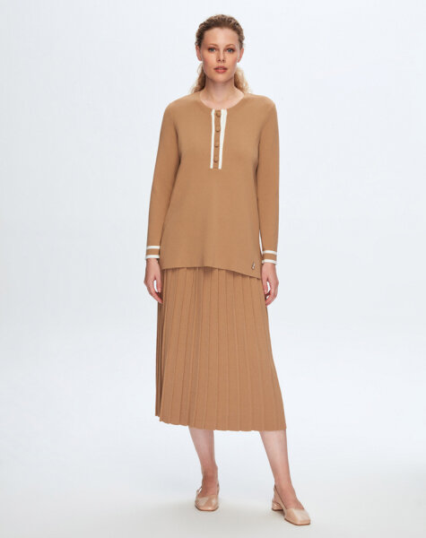 T24K-2011 Düz Renk Plise Etek 1380-CAMEL 