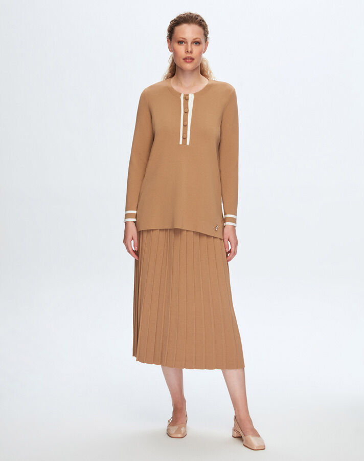 T24K-2011 Düz Renk Plise Etek 1380-CAMEL - 1