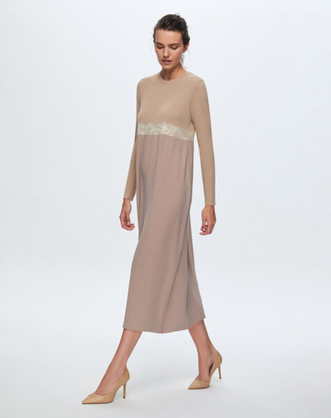 T24K-4002 Keçe Detaylı Triko Elbise CORO-CAMEL 