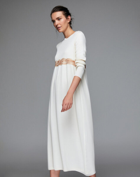 T24K-4002 Keçe Detaylı Triko Elbise FEDE-ECRU - 4