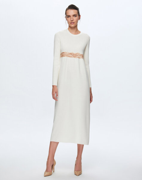 T24K-4002 Keçe Detaylı Triko Elbise FEDE-ECRU 