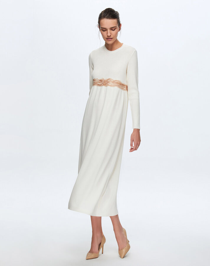 T24K-4002 Keçe Detaylı Triko Elbise FEDE-ECRU - 2