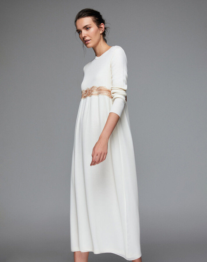 T24K-4002 Keçe Detaylı Triko Elbise FEDE-ECRU - 4