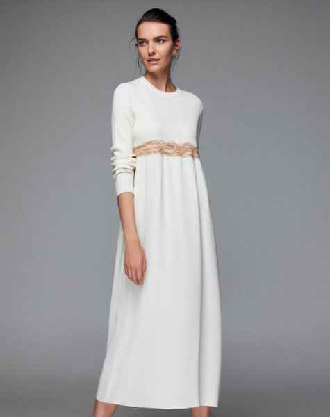 T24K-4002 Keçe Detaylı Triko Elbise FEDE-ECRU - 5