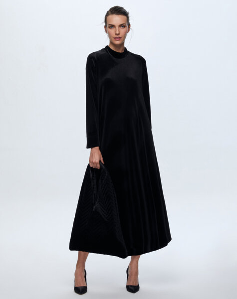 T24K-4003 Uzun Kadife Elbise BLACK - MISS DALIDA
